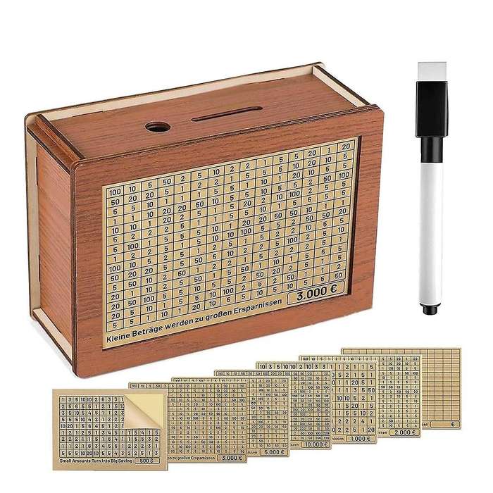 Wooden Money Box, Wooden Money Box with Counter for Ticking, Piggy Bank with Marker, Money Box, Wood