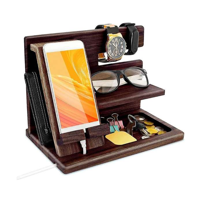 Wooden Phone Docking Station Wallet Stand Watches Purse Holder Desk Organizer