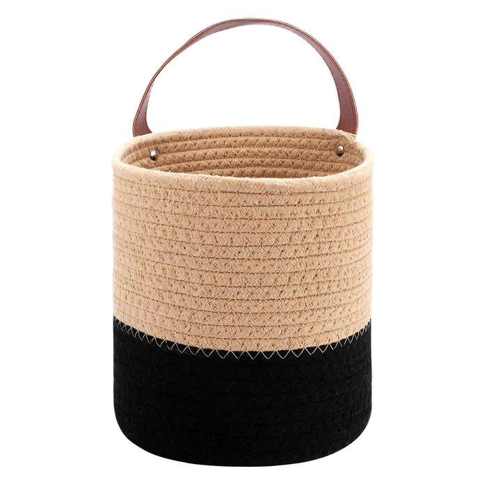 Woven Hanging Basket Storage with Leather Handle, Shelf Basket Organizer for Plants Home Decor