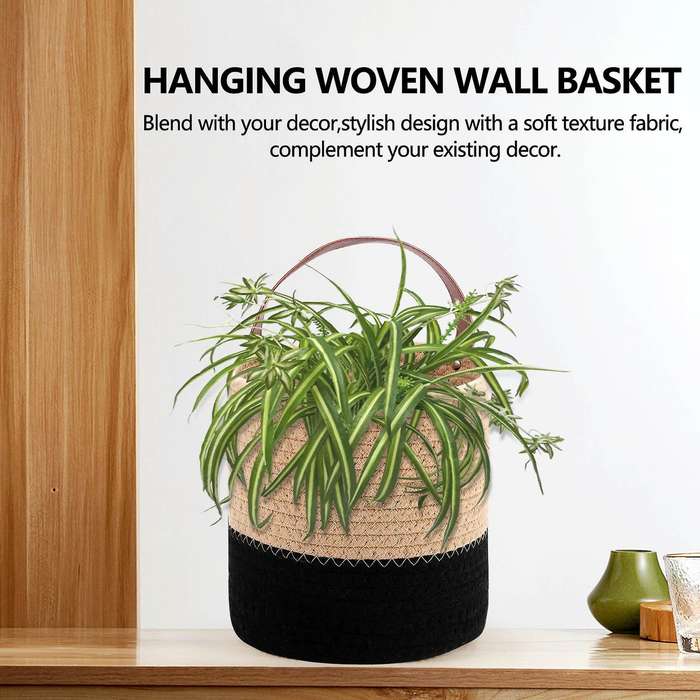 Woven Hanging Basket Storage with Leather Handle, Shelf Basket Organizer for Plants Home Decor