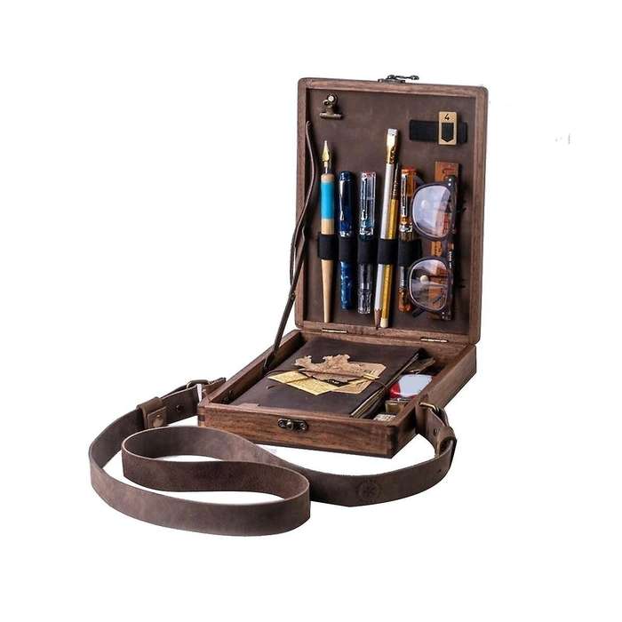 Writer Messenger Wooden Box Storage Writers Pen Artist Brush Retro Decorative Portable Shoulder Bag
