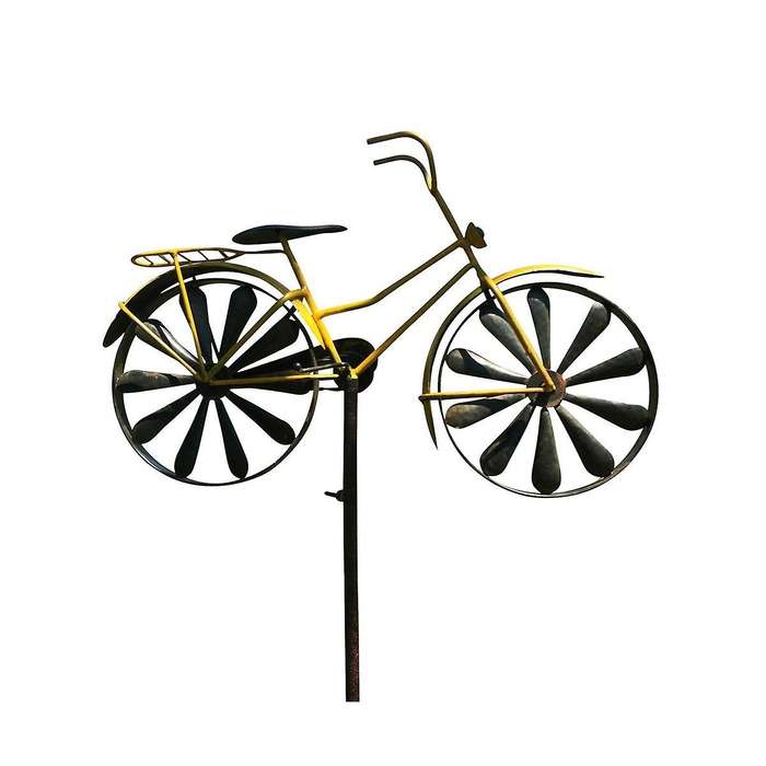 Yellow Bike Garden Spinner, Vintage Style Stake Decoration, Rustic Yellow with Antiqued