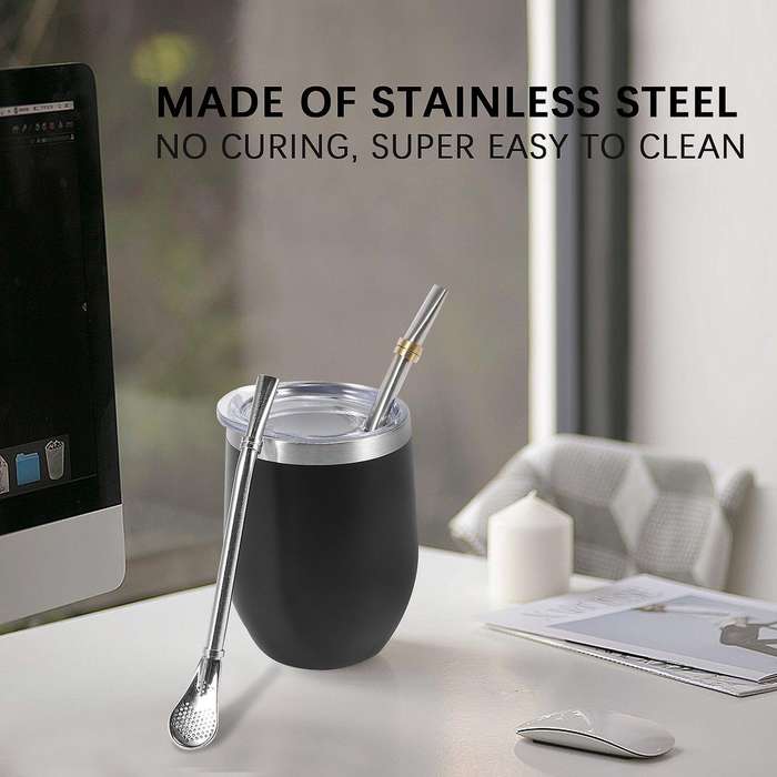 Yerba Mate Gourd Tea Cup Set 12Oz,Double-Wall Stainless Coffee Water Cup with Lid 2 Bombillas Straw