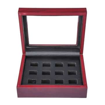 12 Holes Wooden Box For Championship Ring Collection Display Red Black (COLOR.: BLACK)