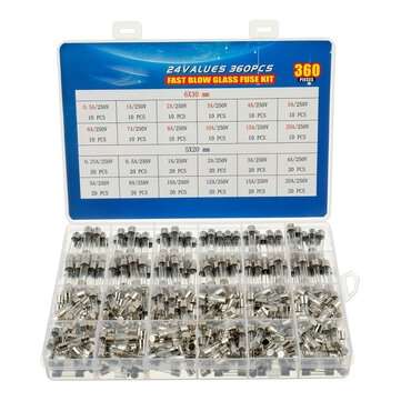 360PCS 24 Values Fast-Blow Glass Fuses Assortment Kit 5x20mm 250V 0.25 0.5 1 2 3 4 5 8 10 12 15 20A