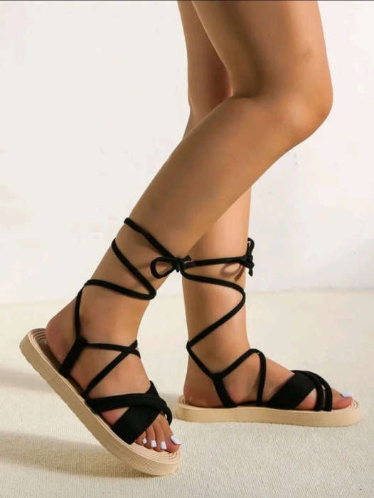 Women Tie Leg Design Cross Band Strappy Sandals