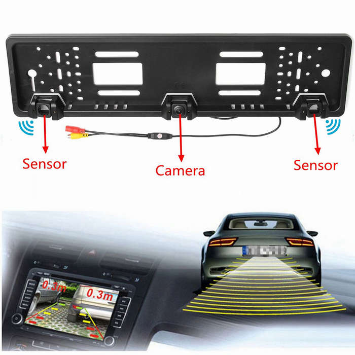 CAR REVERSING REAR VIEW HD CAMERA EU LICENSE PLATE + PARKING SENSOR RADAR PROBE