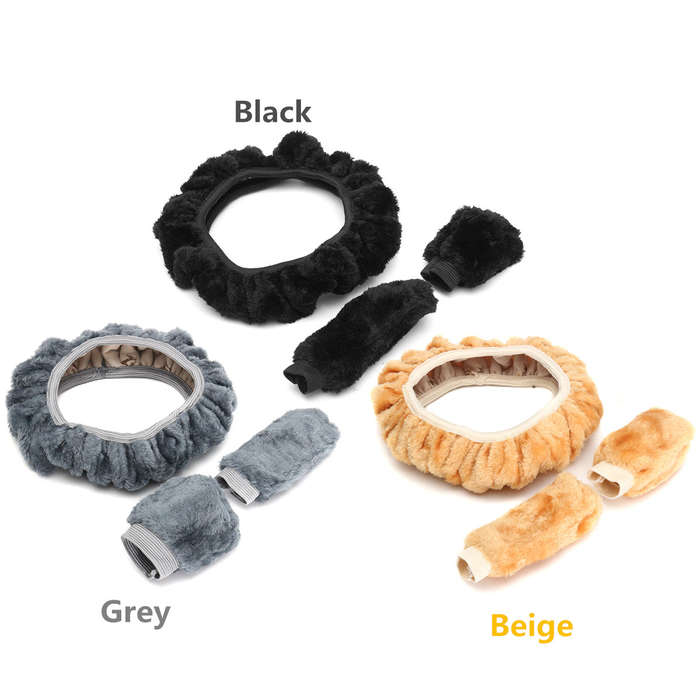 3Pcs Velvet Car Steering Wheel Handbrake Gear Shift Cover Grips Accessory Set 38cm