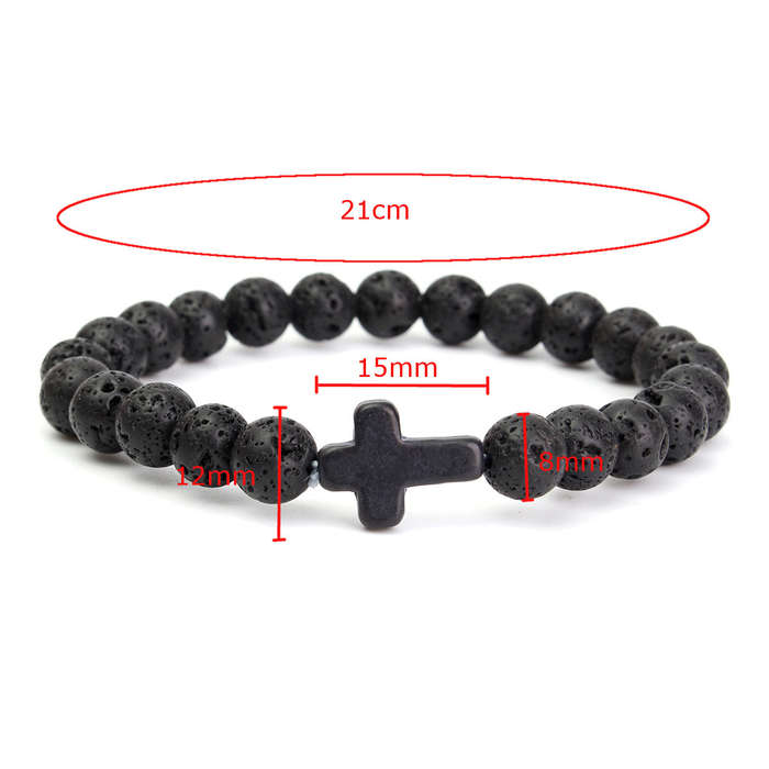 Cross Lava Rock Stone Beads Elastic Men Bracelet
