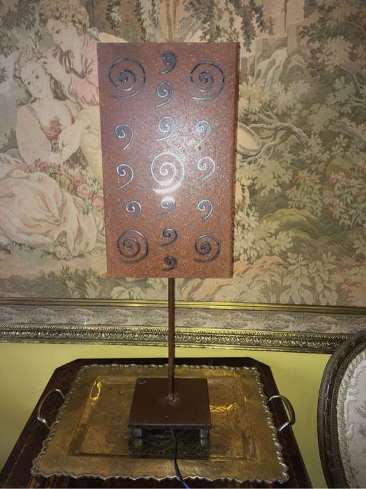 Copper colour metal table lamp with decorative glass panel