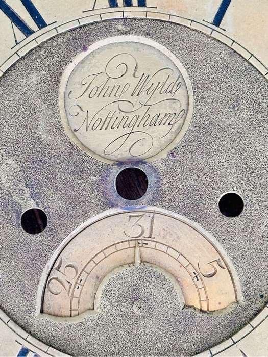 JOHN WYLDE NOTTINGHAM Large Heavy Brass Clock Face/Dial circa 1700s (31cmx31cm)