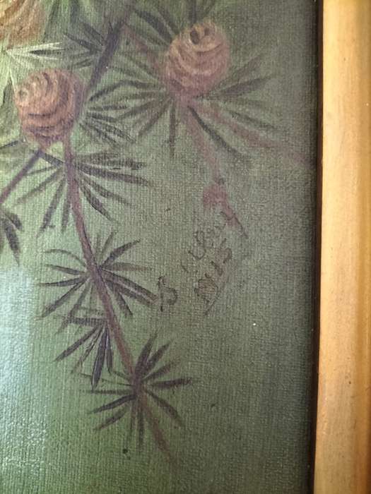 Antique Painting of Birds in a Fir Tree Artist signed dated 1915