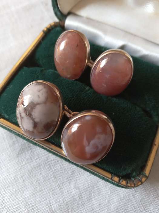 Vintage 9ct Gold And Natural Snowflake Obsidian gemstone Double Sided Cuff Links