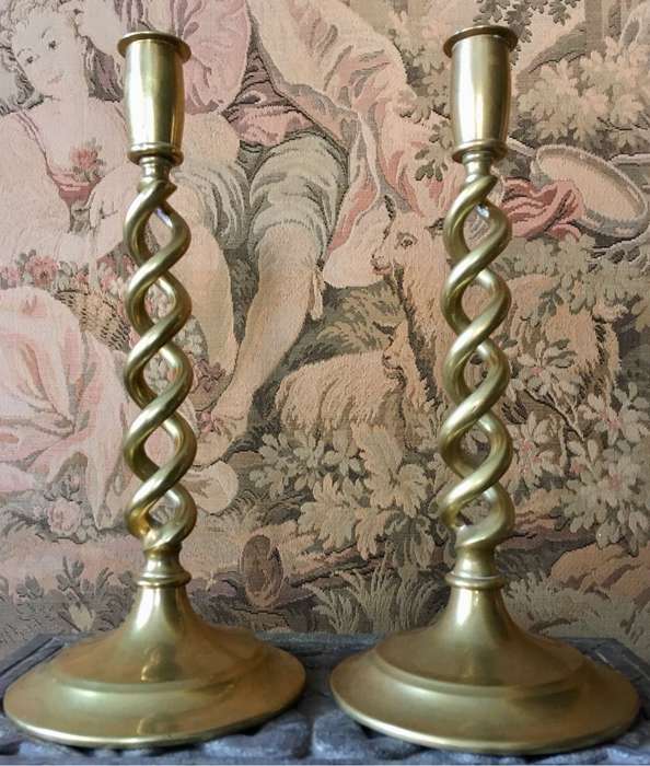 Antique brass / bronze open barley twist candlesticks