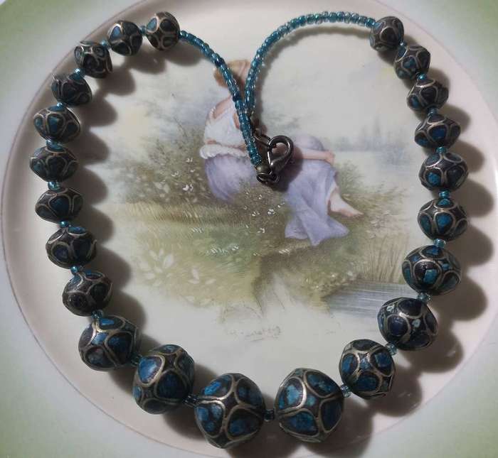 Vintage Stunning Indian Silver Mosaic Turquoise Beads Necklace