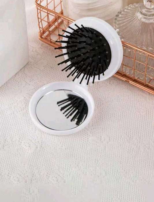 Round Travel Hair Brush with Mirror  Folding Pocket Comb for Hair Massage, Women & Girls(White)
