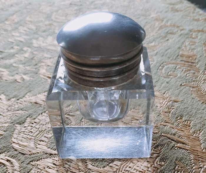 Crystal  inkwell with silver plated hinged lid