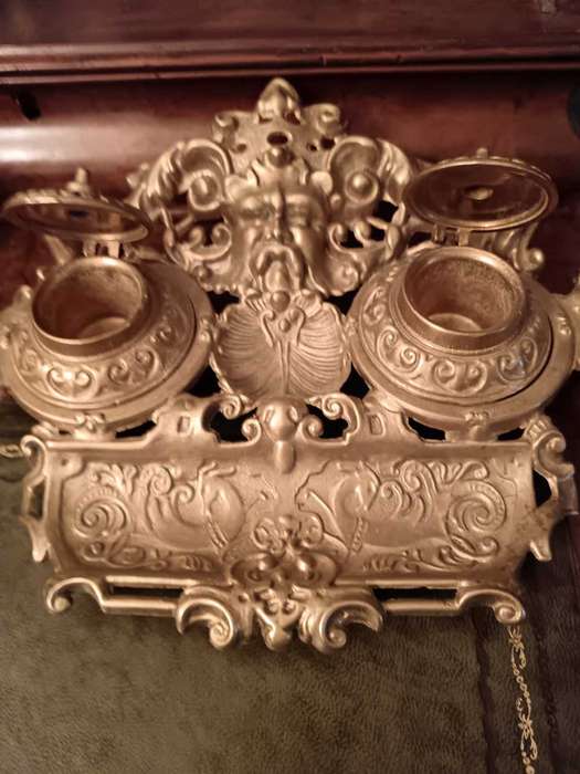 Antique Cast Bronze Double Inkwell with Bacchus Head Detail