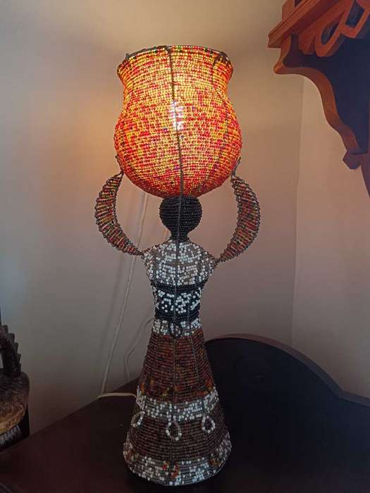 Beaded Table Lamp of a Woman with a Pot on her Head & Baby on her Back