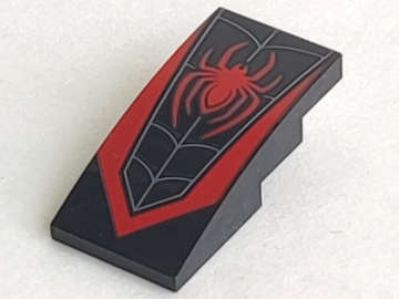 Lego (N) ~ Slope Curved 4 x 2 with Red Spider and Dark Bluish Gray Web Pattern ~ [Black]