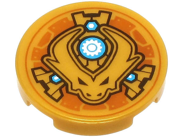 Lego (N) ~ Tile Round 2 x 2 with Bottom Stud Holder with Dragon Head with Horns and B ~ [Pearl Gold]