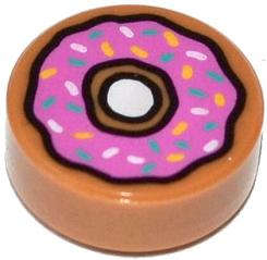 Lego (N) ~ Tile Round 1 x 1 with Donut / Doughnut with Dark Pink Frosting and Spri ~ [Medium Nougat]