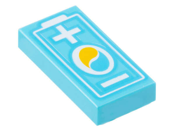 Lego (N) ~ Tile 1 x 2 with Electric Car Battery with OctanE Logo and White Plus and ~ [Medium Azure]