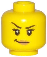 Lego (N) ~ Minifigure Head Female Black Eyebrows Right Raised Eyelashes Nougat Lips Smirk ~ [Yellow]