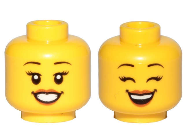 Lego (N) ~ Minifigure Head Dual Sided Female Black Eyebrows Eyelashes Medium Nougat Lips  ~ [Yellow]