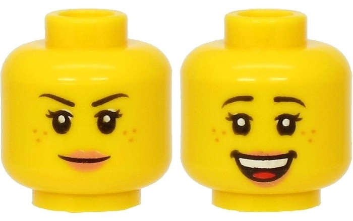 Lego (N) ~ Minifigure Head Dual Sided Female Black Eyebrows Freckles Eyelashes Nougat Lip ~ [Yellow]