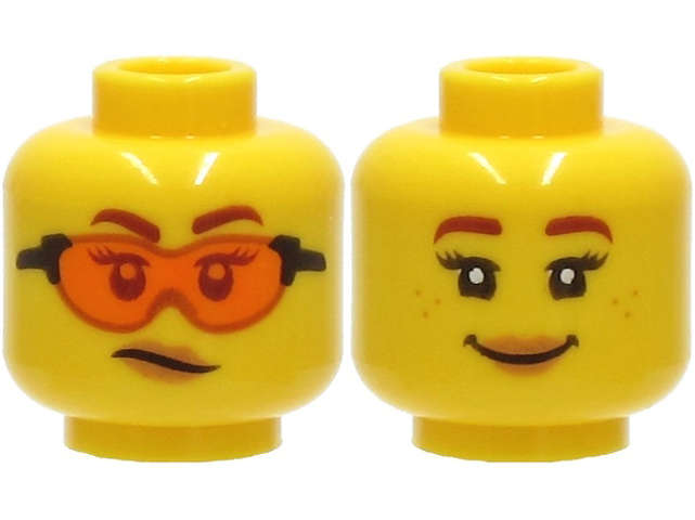 Lego (N) ~ Minifigure Head Dual Sided Female Reddish Brown Eyebrows Orange Safety Glasses ~ [Yellow]