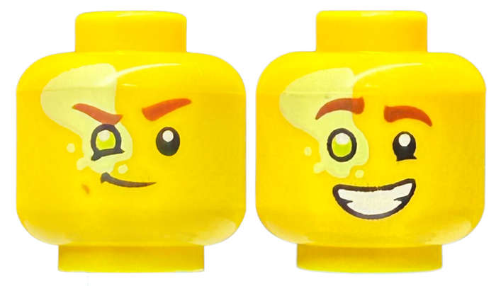 Lego (N) ~ Minifigure Head Dual Sided Reddish Brown Eyebrows Lime Right Eye with Yellowis ~ [Yellow]