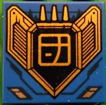Lego (N) ~ Tile 2 x 2 with Dark Blue Lines and Gold and Black Engine with Ninjago Logogram  ~ [Blue]