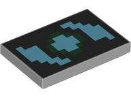 Lego (N) ~ Tile 2 x 3 with Pixelated Medium Azure and Dark Green Swirl on Blac ~ [Light Bluish Gray]