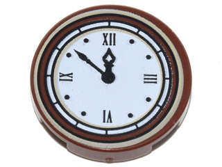 Lego (N) ~ Tile Round 2 x 2 with Bottom Stud Holder with White Clock Face (Time 11 ~ [Reddish Brown]