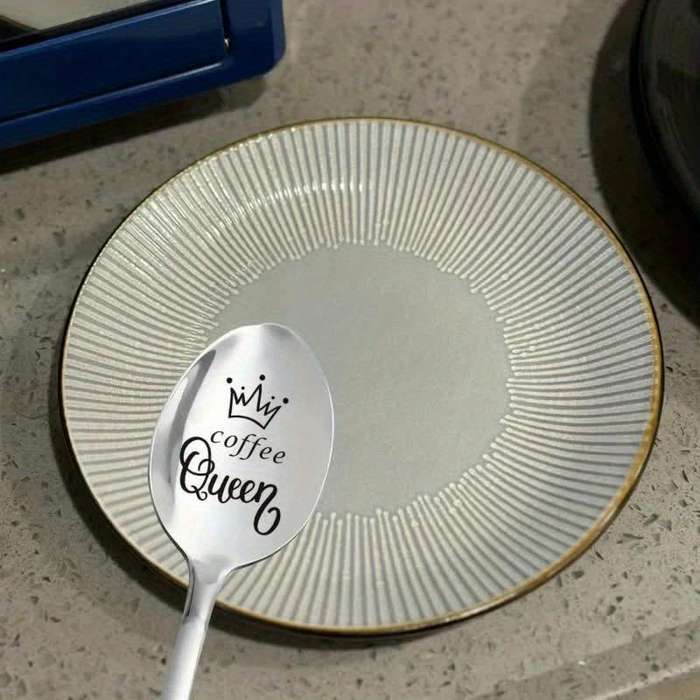 1pc 2.54 cmCoffee Queen  Engraved Stainless Steel Spoon with Crown Design Ideal Gift for Mom