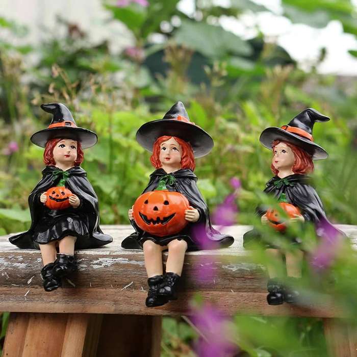 Halloween Decorations Color Witch Sitting On Pumpkin Set Of Three