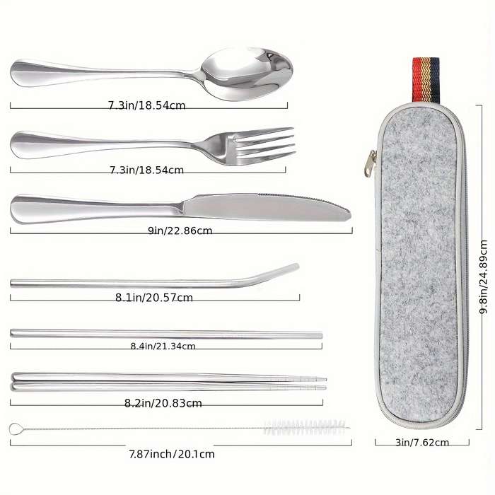 8pcs including Knife Fork Spoon Chopsticks Cleaning Brush Straws Portable Case Stainless Steel