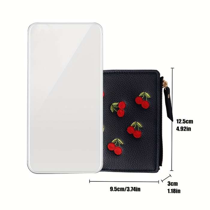 1pc Women's Cherry Embroidery Wallet Casual Slim Zipper Closure with Polyester Lining and Zip