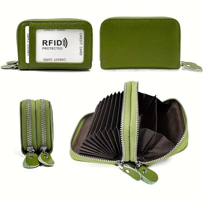 1pc Genuine Leather Credit Card Wallet with small Coin Purse and Double Zipper RFID Blocking Credi