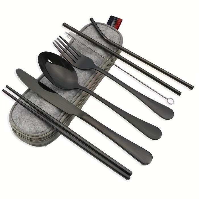 8pcs including Knife Fork Spoon Chopsticks Cleaning Brush Straws Portable Case Stainless Steel