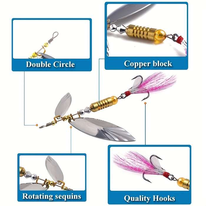 1pc Metal Sliver Rotating Sequins Spoon Lure 7g 10g Spinner Fishing Hard Bait With Feather Treb