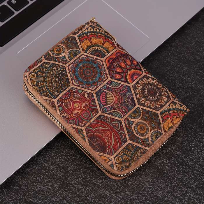 1pc Bohemian Vintage Mini Wallet Floral Pattern Short Cork Coin Purse Ethnic Style Credit Card Ho