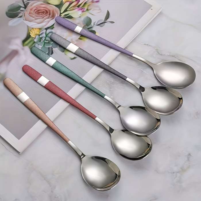 5pcs Stainless Steel Spoon Set Rustproof Long Handle Suitable for Family Gatherings and Rest