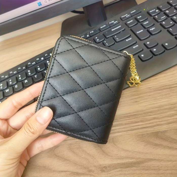 1pc Elegant Black Faux Leather Zipper Wallet with Golden Chain StrapSlim Design Perfect for Car
