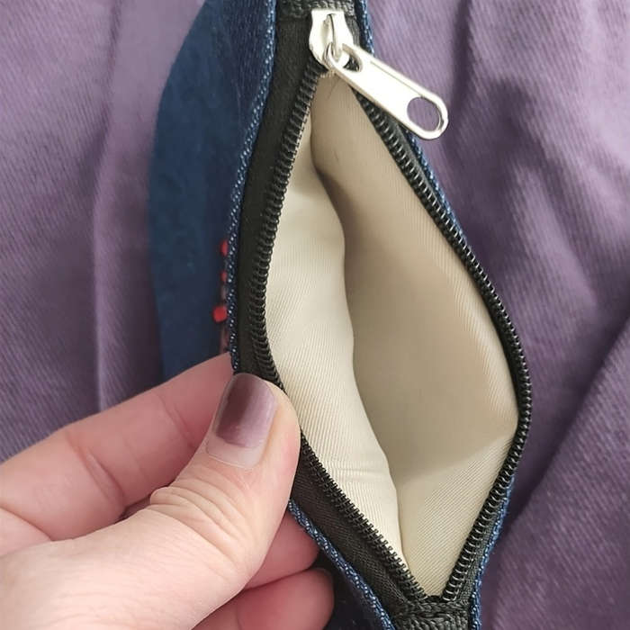 1pc Denim Coin Purse with Heart Design "I Will Always Love You" Embroidery Zippered Denim Wallet