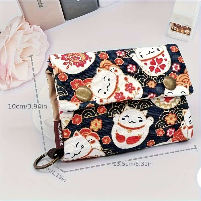 1pc Compact Bifold Wallet with Golden Snap ClosureUnisex Fabric Coin Purse Card Holder Black