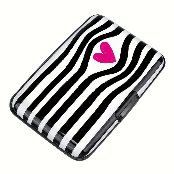 1pc RONG REN HUI Mini RFID Blocking Wallet Black and White Striped Heart Design Compact Metal Ca