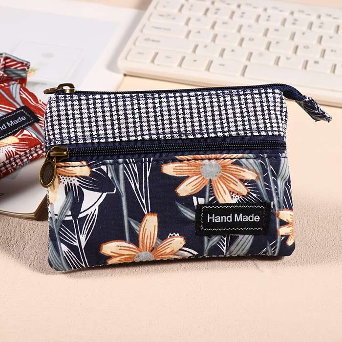 1pc Vintage Style Canvas Coin Purse for Women Handmade Multi-Layer Small Wallet Fashionable F