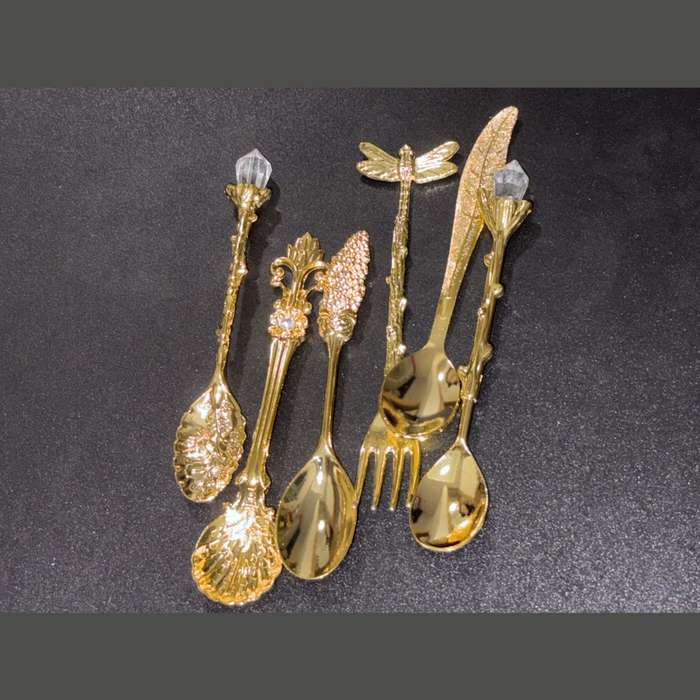 6pcs Small Spoon Fork Set Vintage Golden Teaspoon Fruit Fork Cup Stirring Coffee Spoon